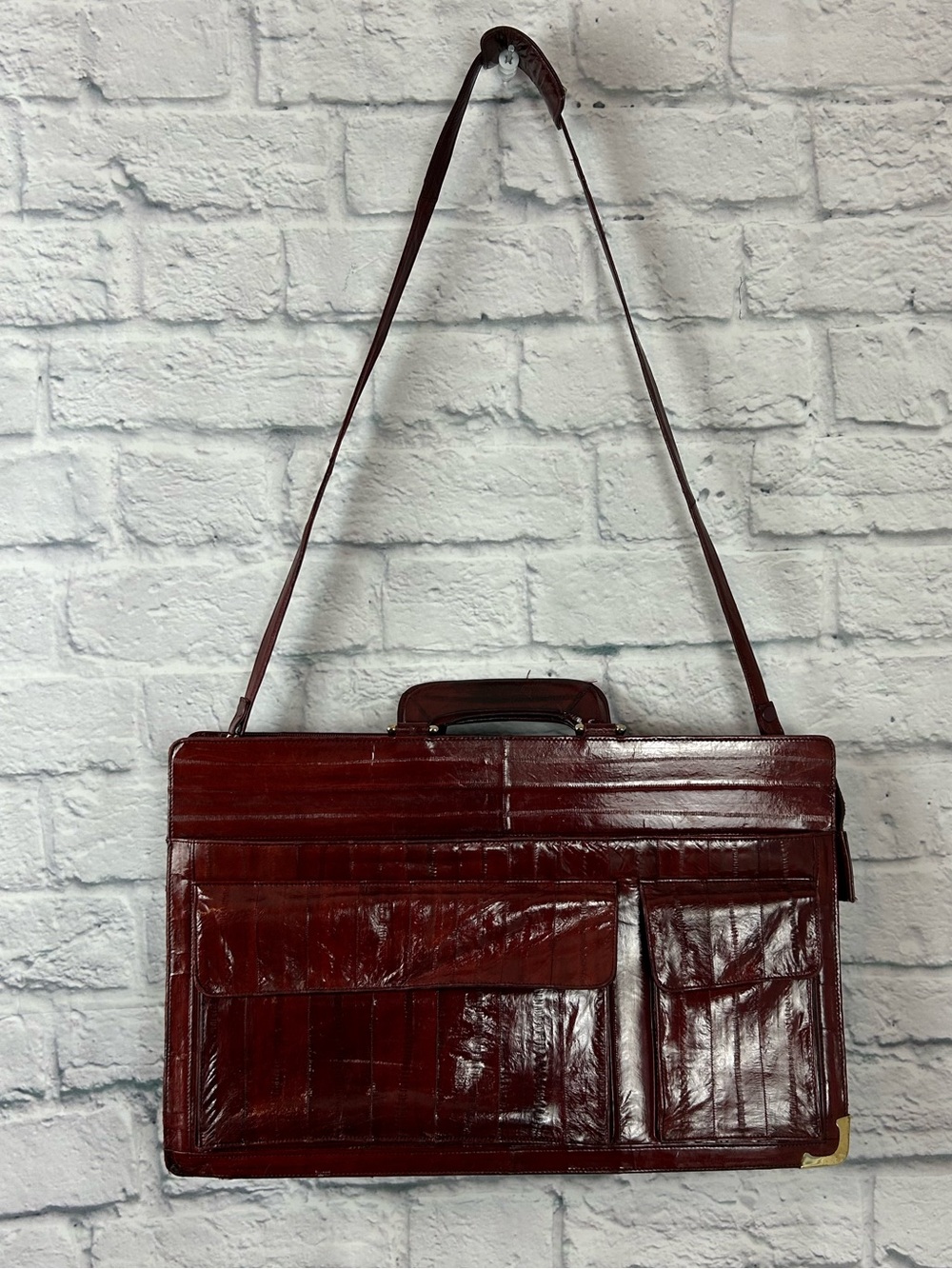 Vintage Genuine Eel Skin Burgundy Briefcase Shoulder Bag Made in Korea